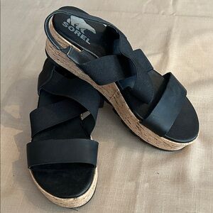Sorel Black Cork-Platform Crisscross Sandal